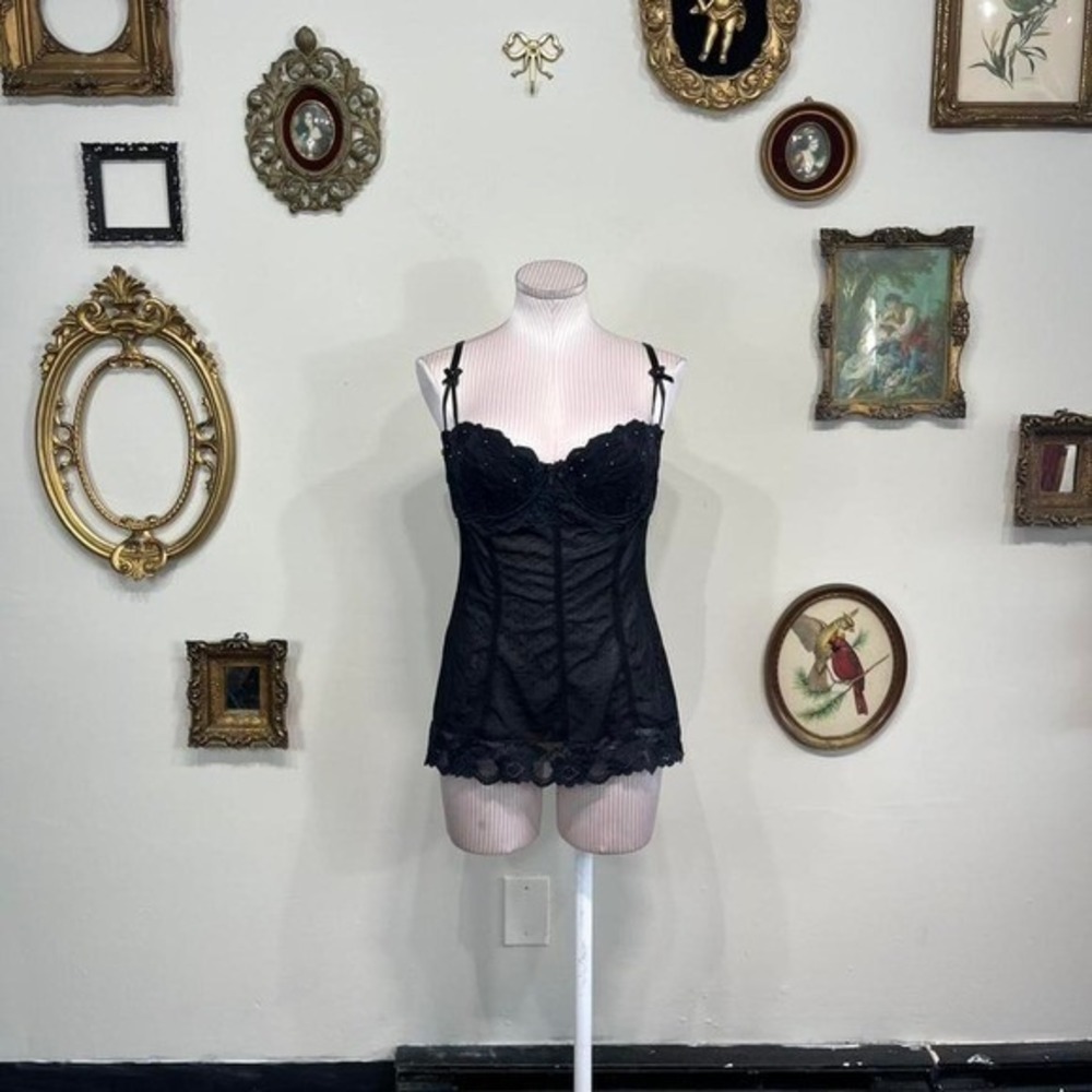 Vintage lingerie delicates Black Mesh Corset Top with Lace Trim